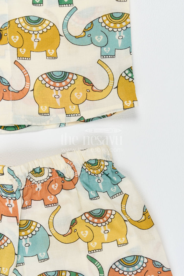 Boys Cotton Shirt and Shorts Set with Elephant Detailing in Cream