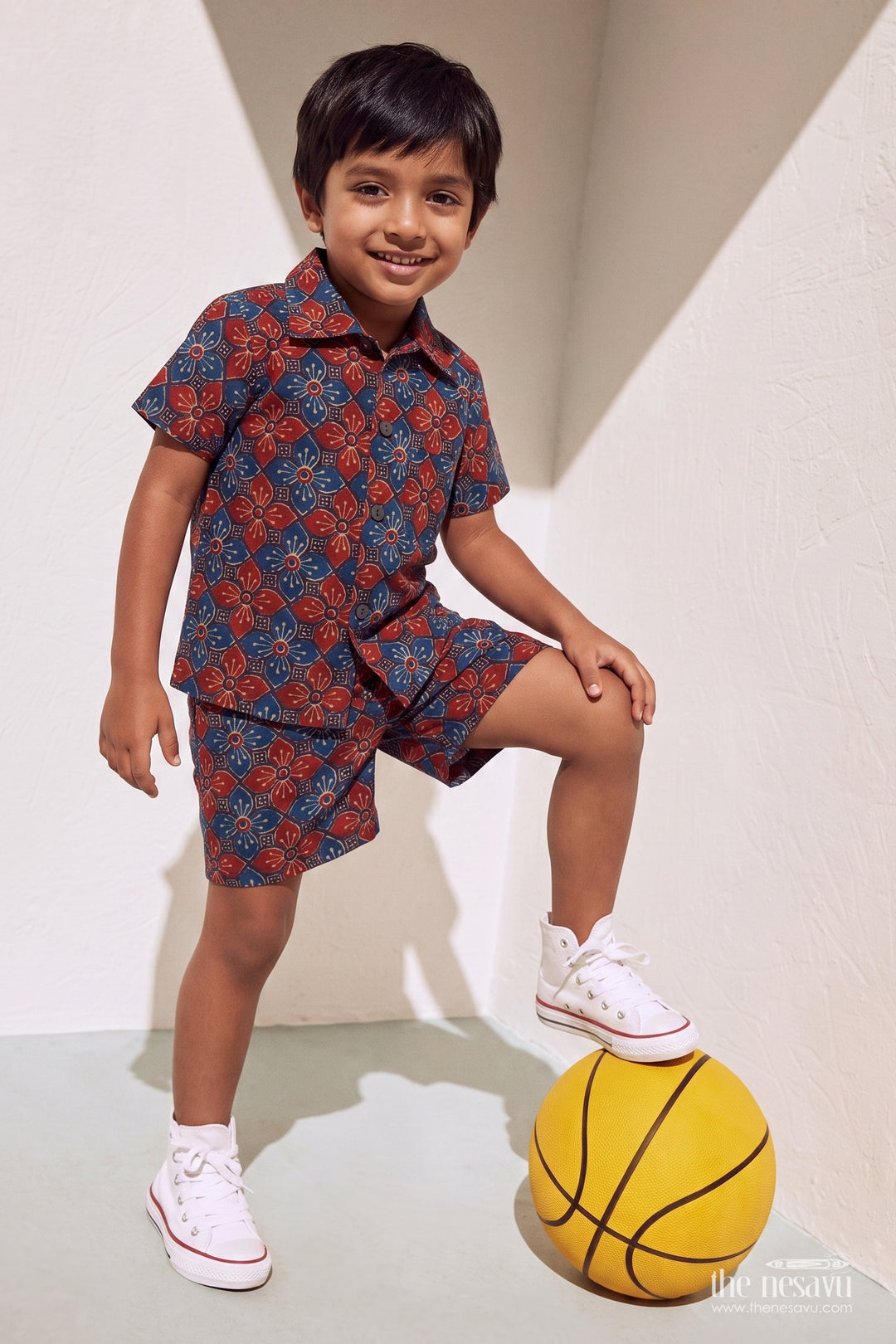Boys Cotton Shirt and Shorts Set with Floral Detailing in Red