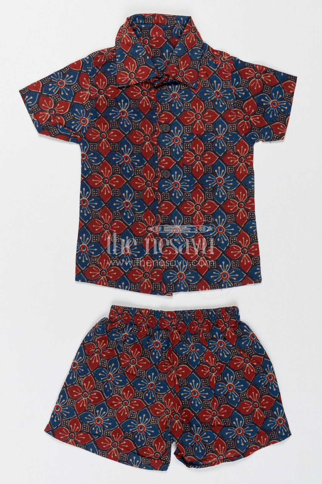Boys Cotton Shirt and Shorts Set with Floral Detailing in Red