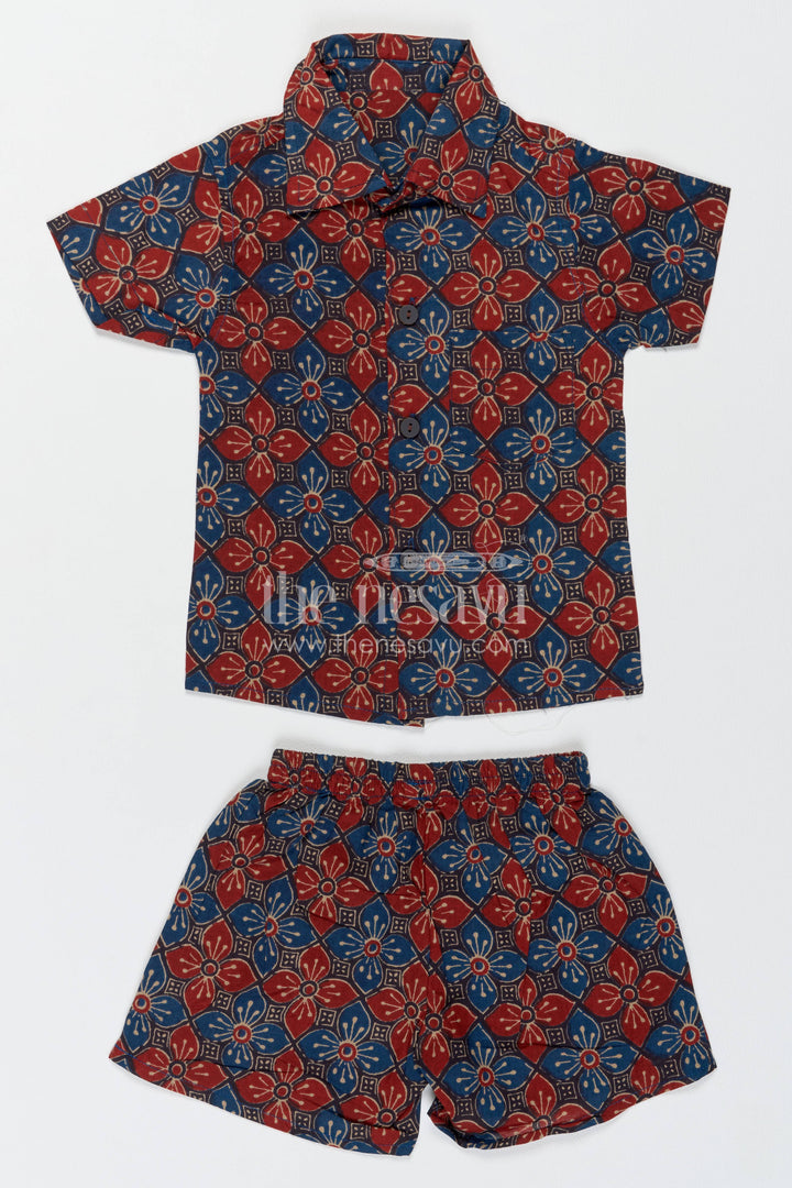 Boys Cotton Shirt and Shorts Set with Floral Detailing in Red