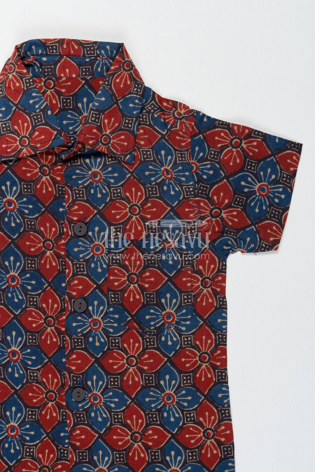 Boys Cotton Shirt and Shorts Set with Floral Detailing in Red