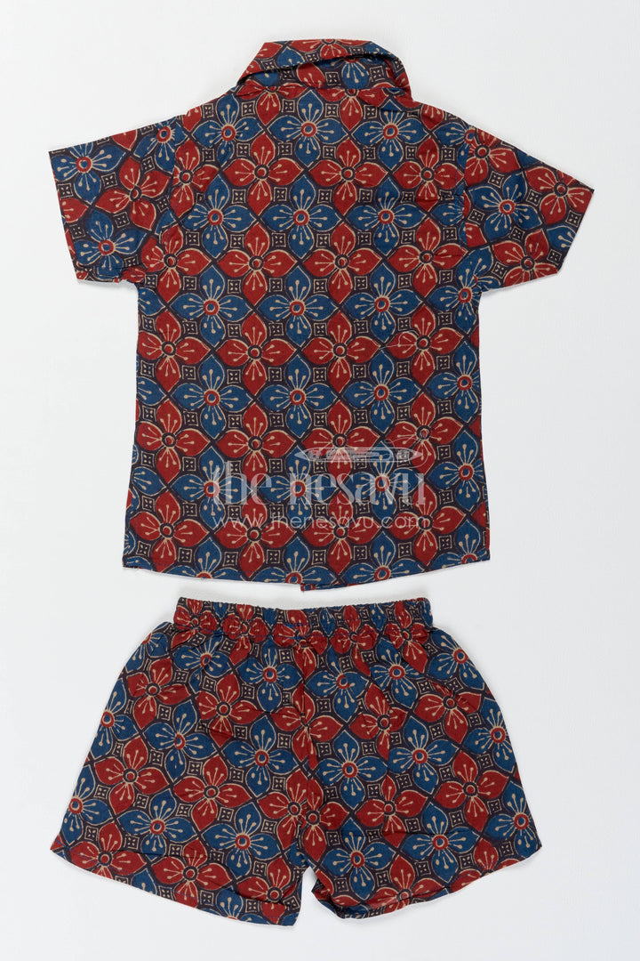 Boys Cotton Shirt and Shorts Set with Floral Detailing in Red
