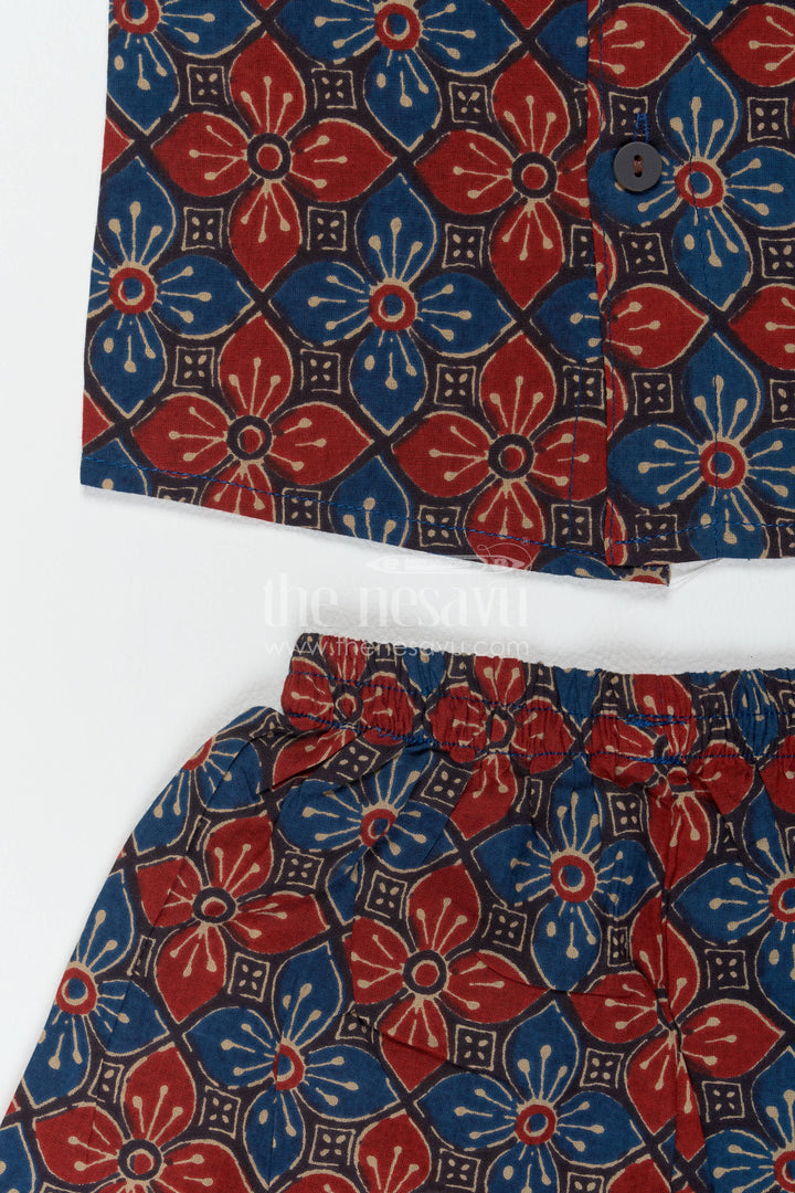 Boys Cotton Shirt and Shorts Set with Floral Detailing in Red