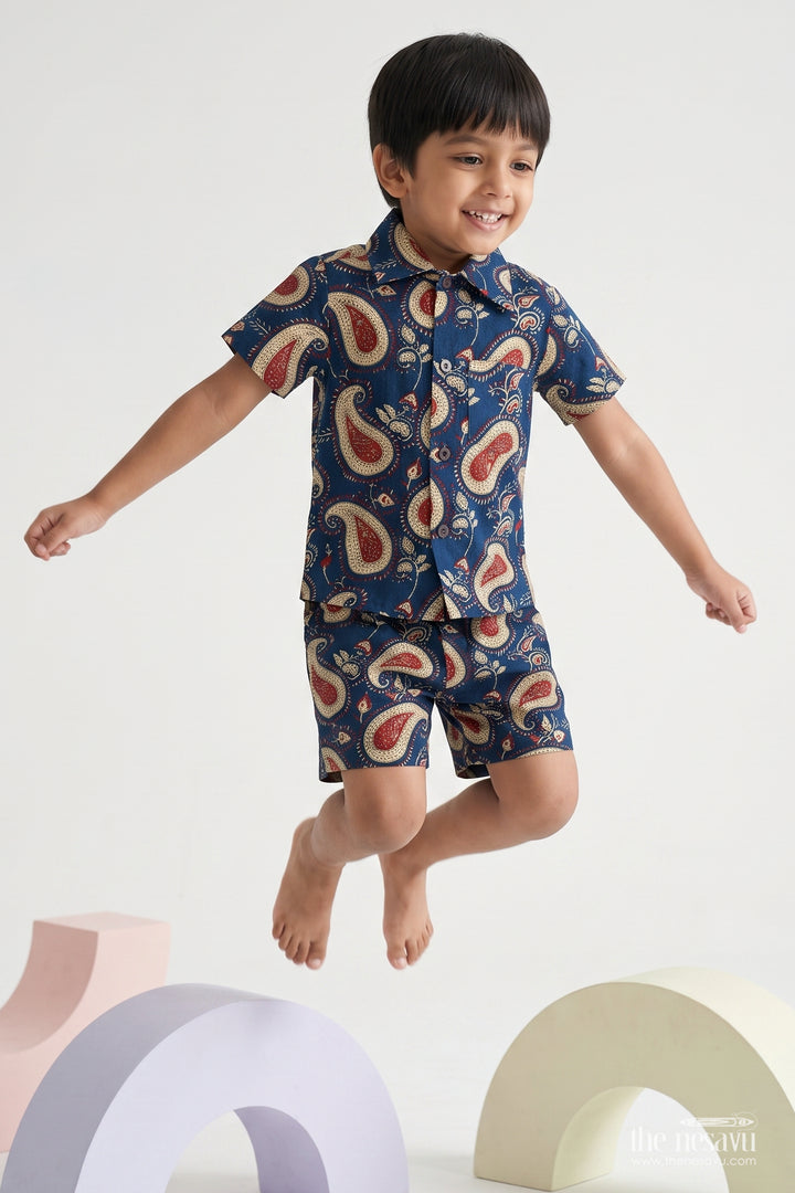 Boys Cotton Shirt and Shorts Set with Paisley Print in Blue