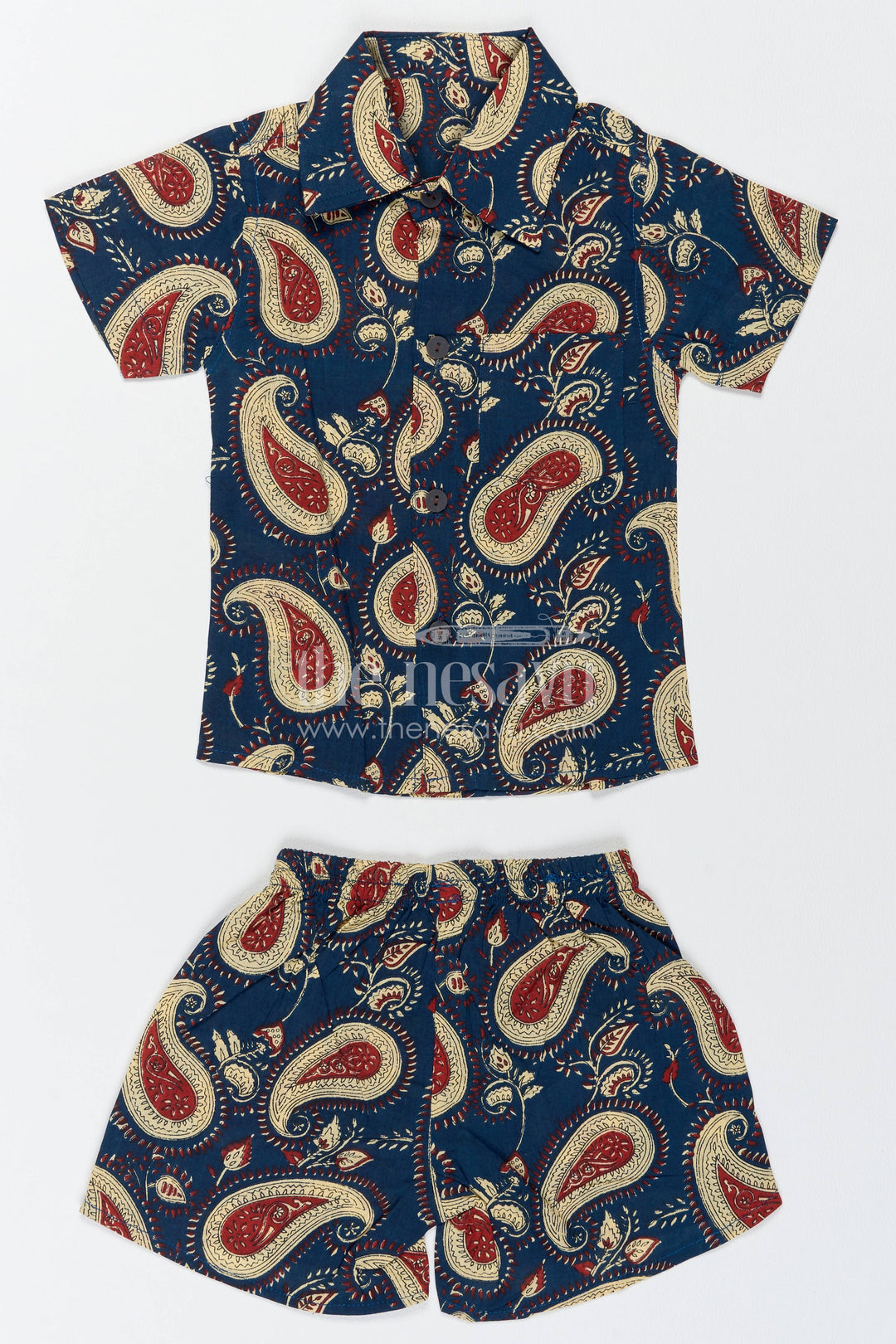 Boys Cotton Shirt and Shorts Set with Paisley Print in Blue