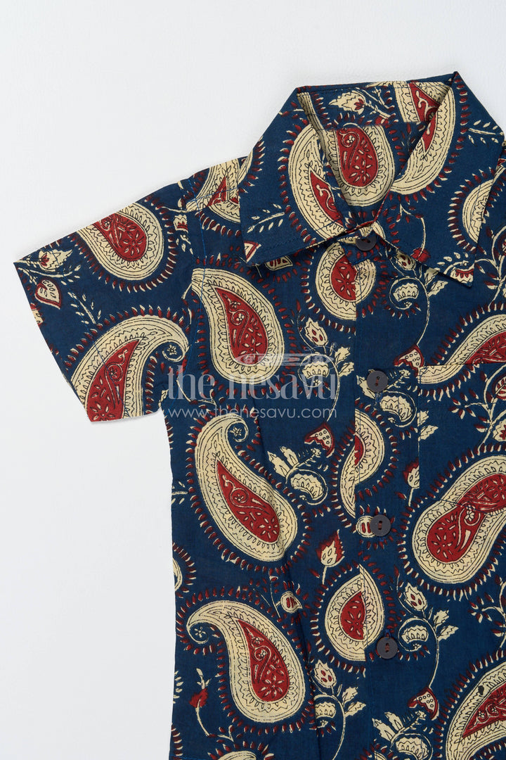 Boys Cotton Shirt and Shorts Set with Paisley Print in Blue