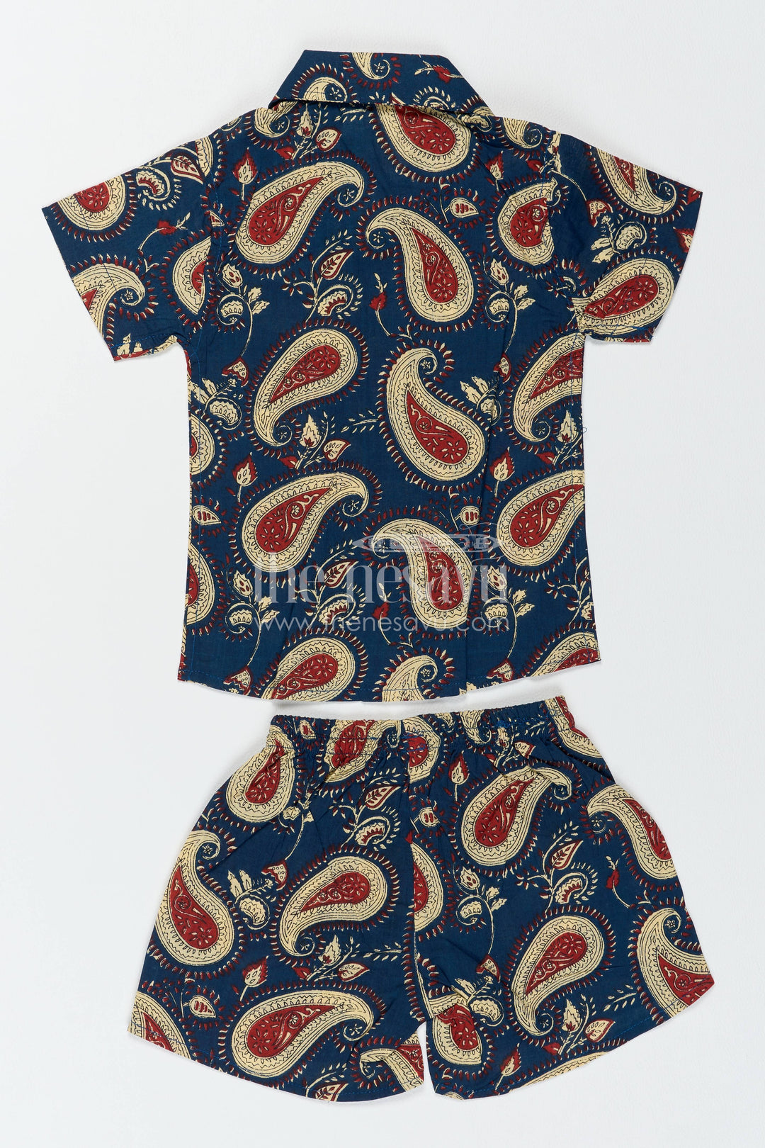 Boys Cotton Shirt and Shorts Set with Paisley Print in Blue