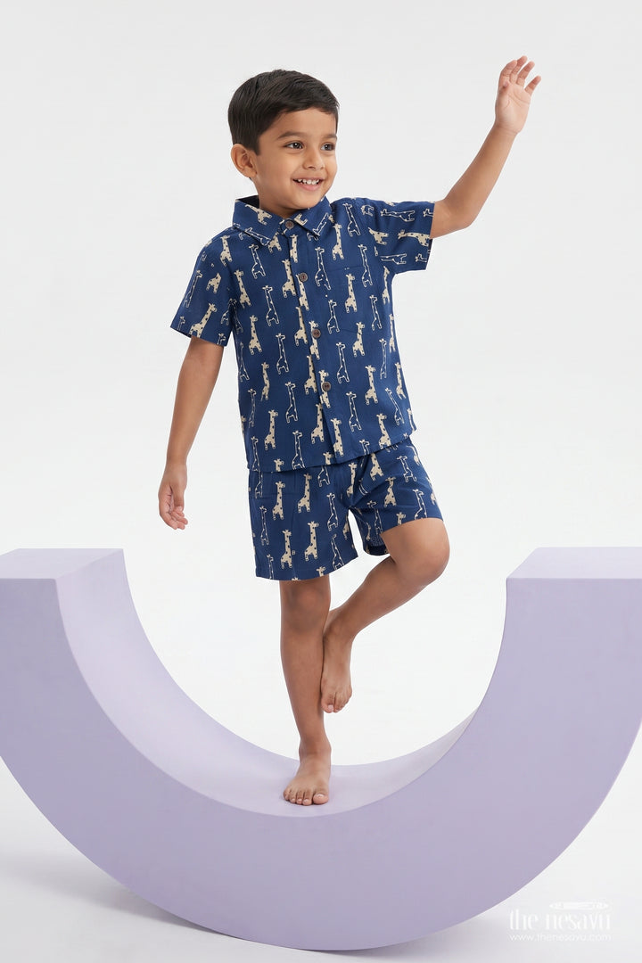 Boys Cotton Shirt and Shorts Set for Celebrations with Blue Giraffe Print