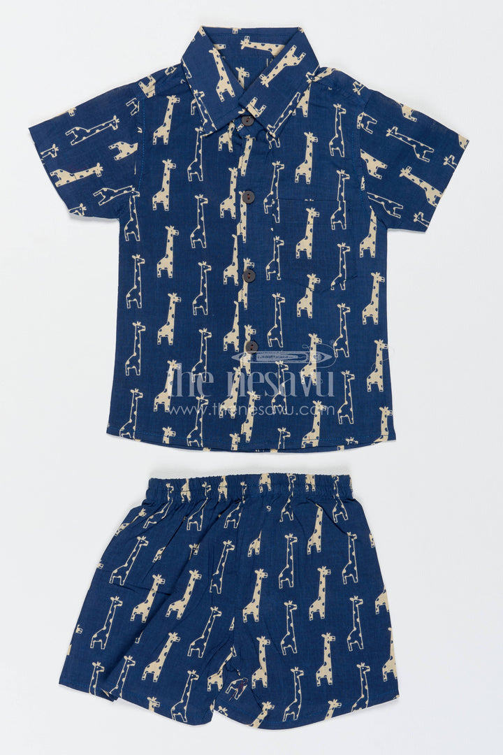 Boys Cotton Shirt and Shorts Set for Celebrations with Blue Giraffe Print