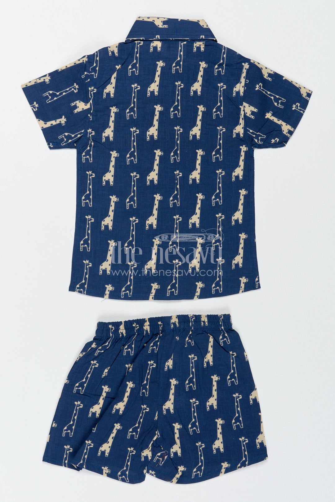Boys Cotton Shirt and Shorts Set for Celebrations with Blue Giraffe Print