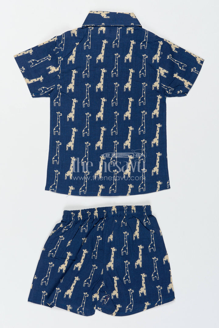 Boys Cotton Shirt and Shorts Set for Celebrations with Blue Giraffe Print