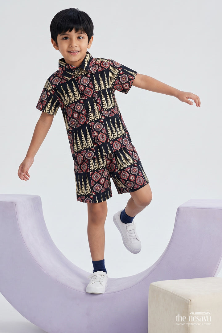 Boys Cotton Shirt and Shorts Set with Striped Detailing in Black