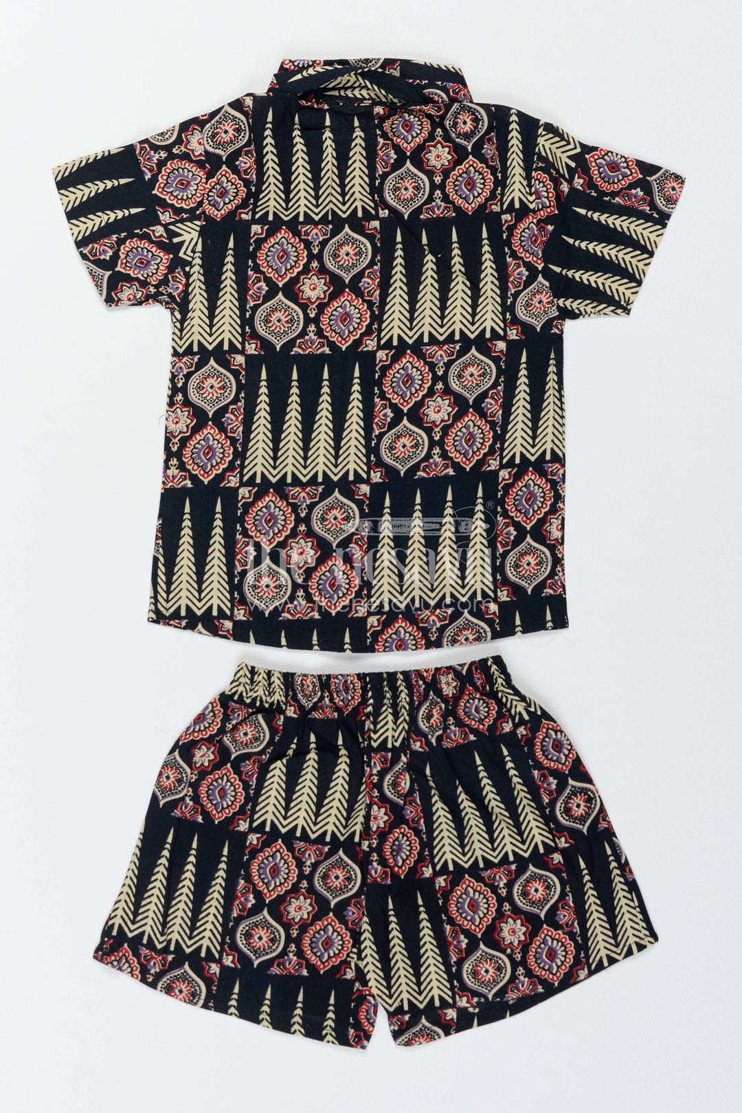 Boys Cotton Shirt and Shorts Set with Striped Detailing in Black