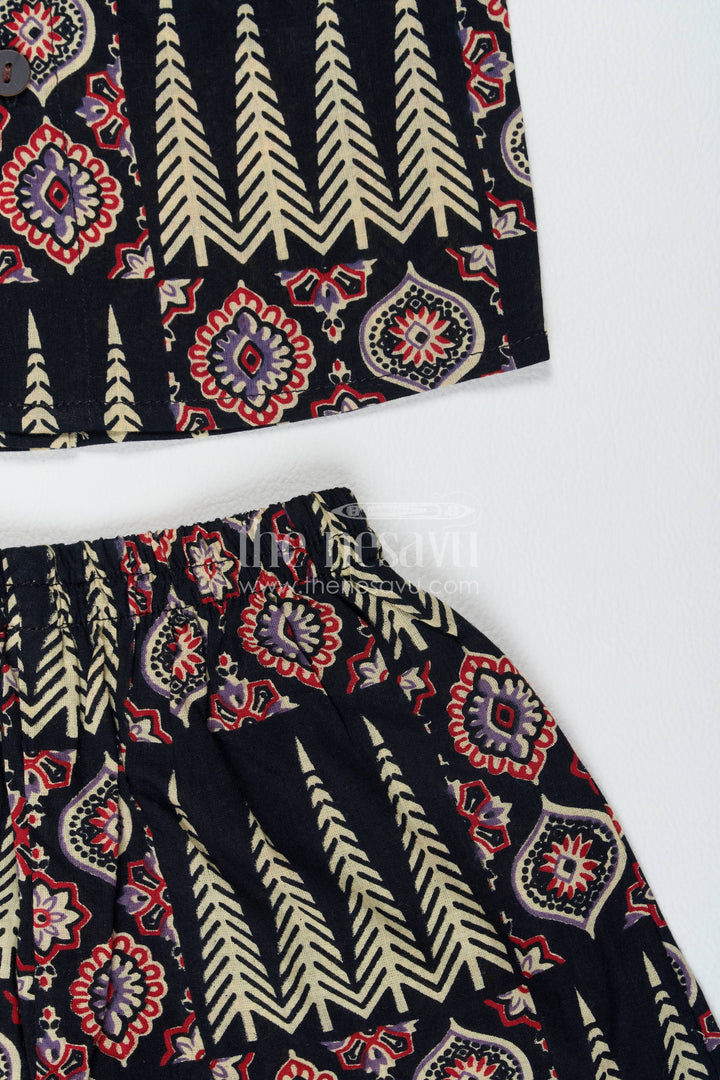 Boys Cotton Shirt and Shorts Set with Striped Detailing in Black