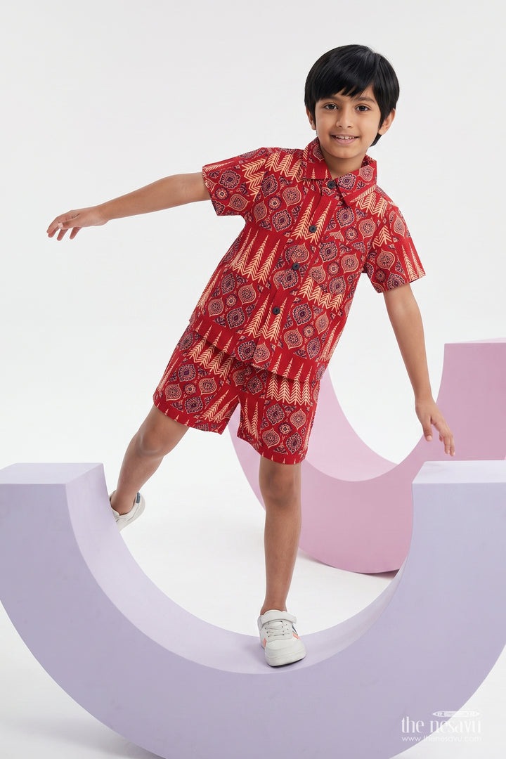 Boys Cotton Shirt and Shorts Set for Kids with Striped Detailing in Red