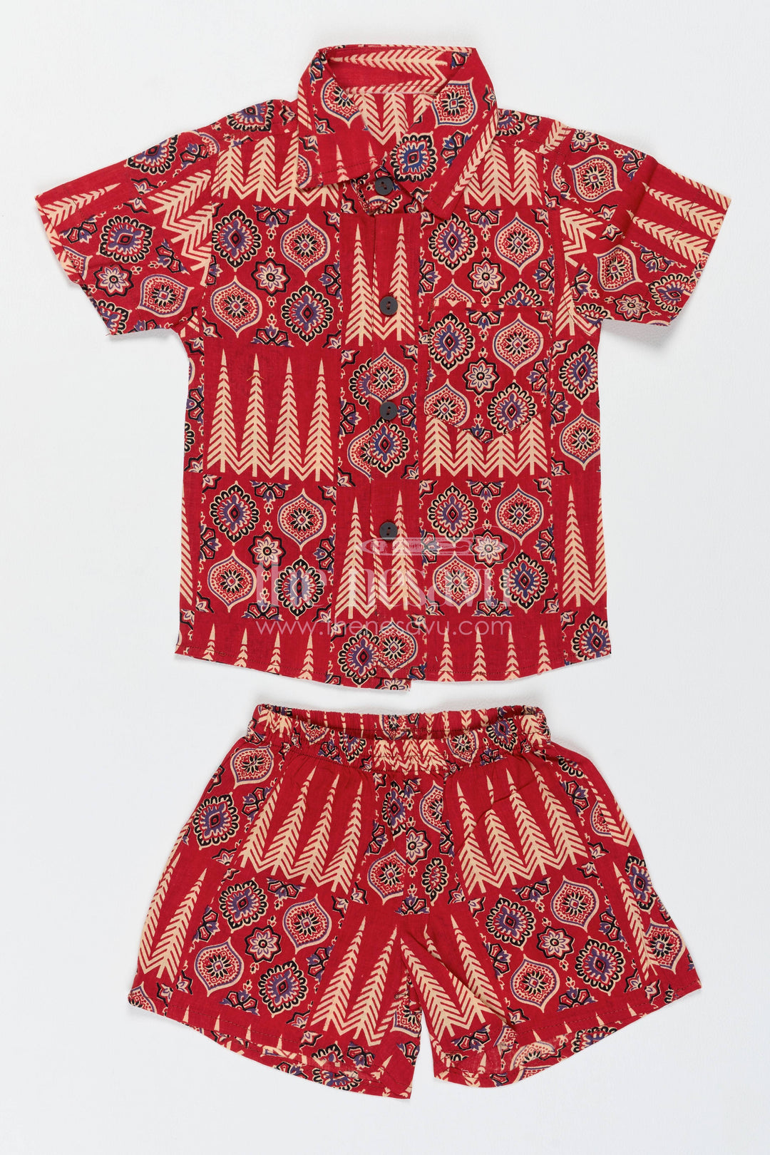 Boys Cotton Shirt and Shorts Set for Kids with Striped Detailing in Red