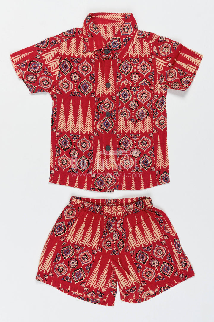 Boys Cotton Shirt and Shorts Set for Kids with Striped Detailing in Red