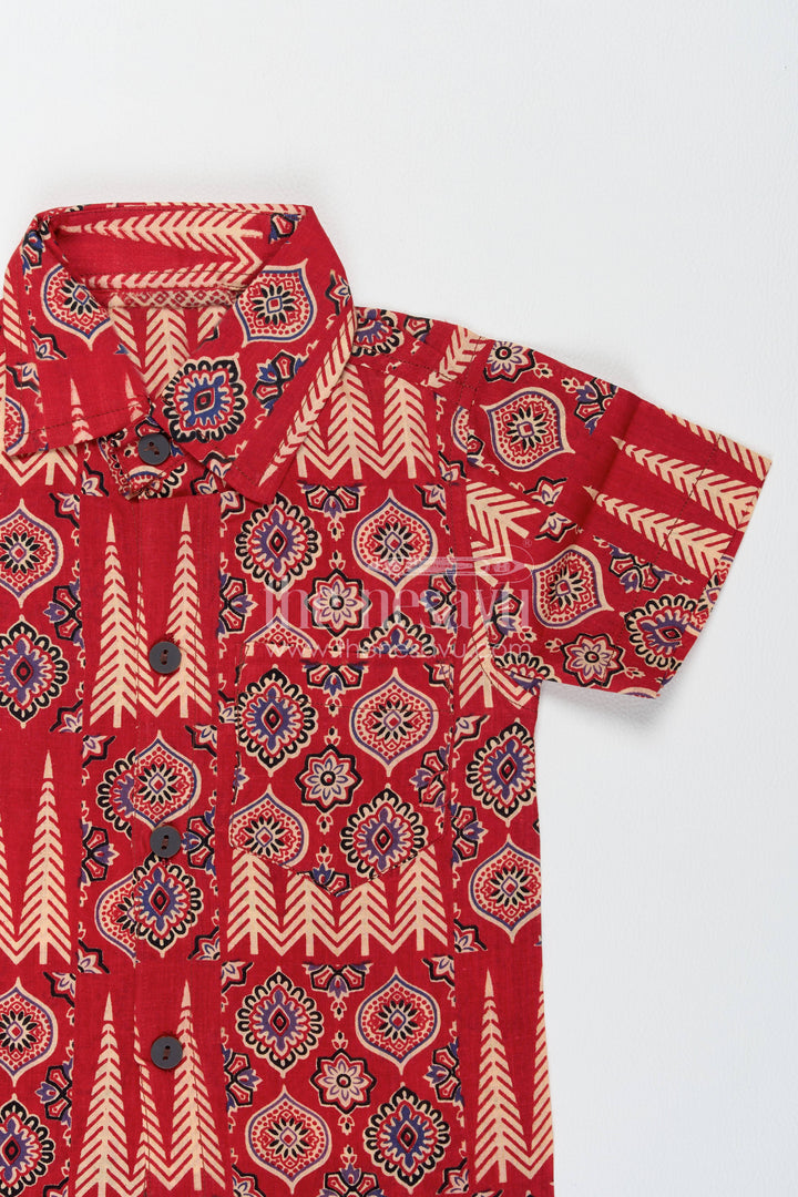 Boys Cotton Shirt and Shorts Set for Kids with Striped Detailing in Red