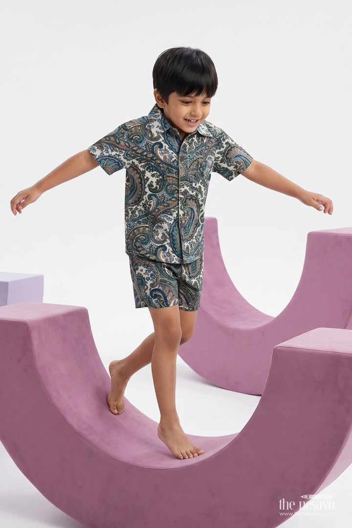 Boys Cotton Shirt and Shorts Set with Paisley Print in Green