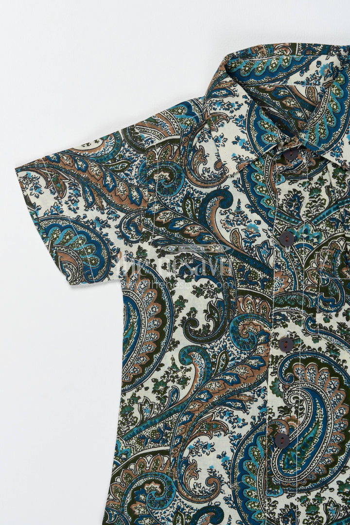 Boys Cotton Shirt and Shorts Set with Paisley Print in Green