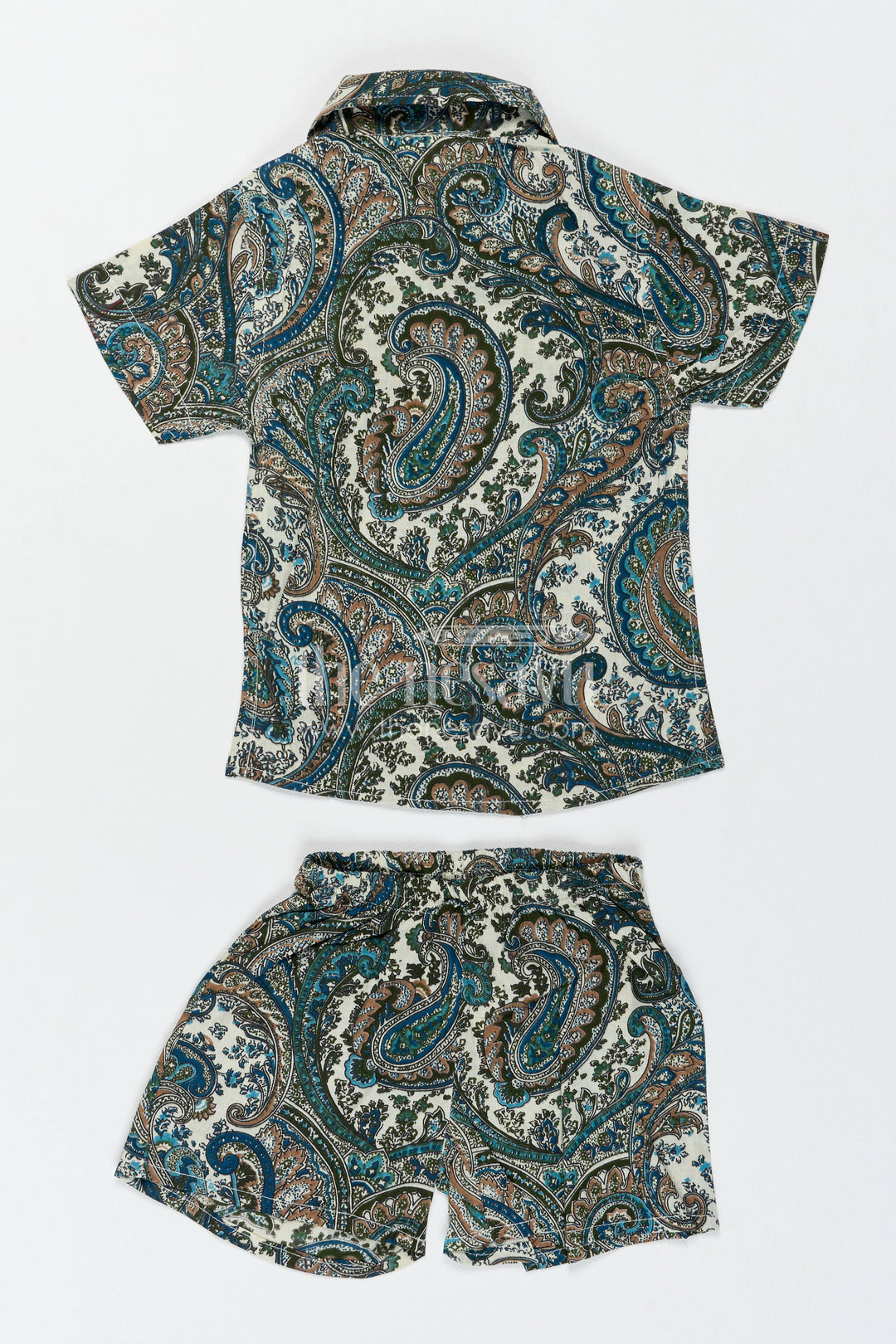 Boys Cotton Shirt and Shorts Set with Paisley Print in Green