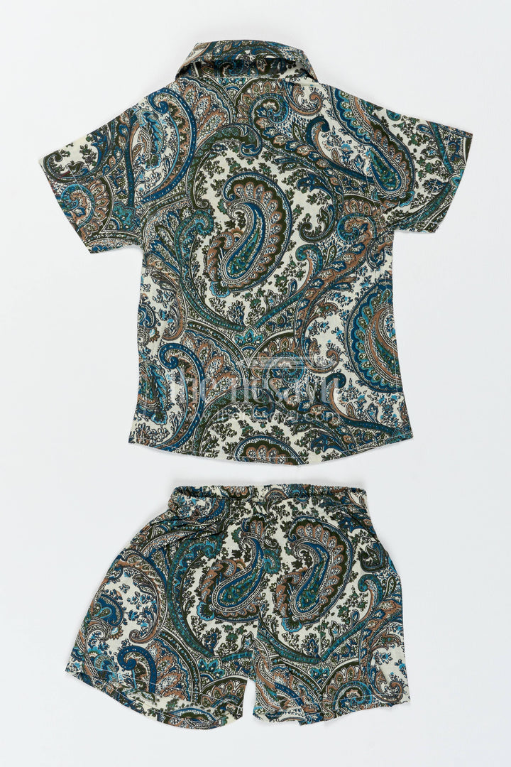 Boys Cotton Shirt and Shorts Set with Paisley Print in Green