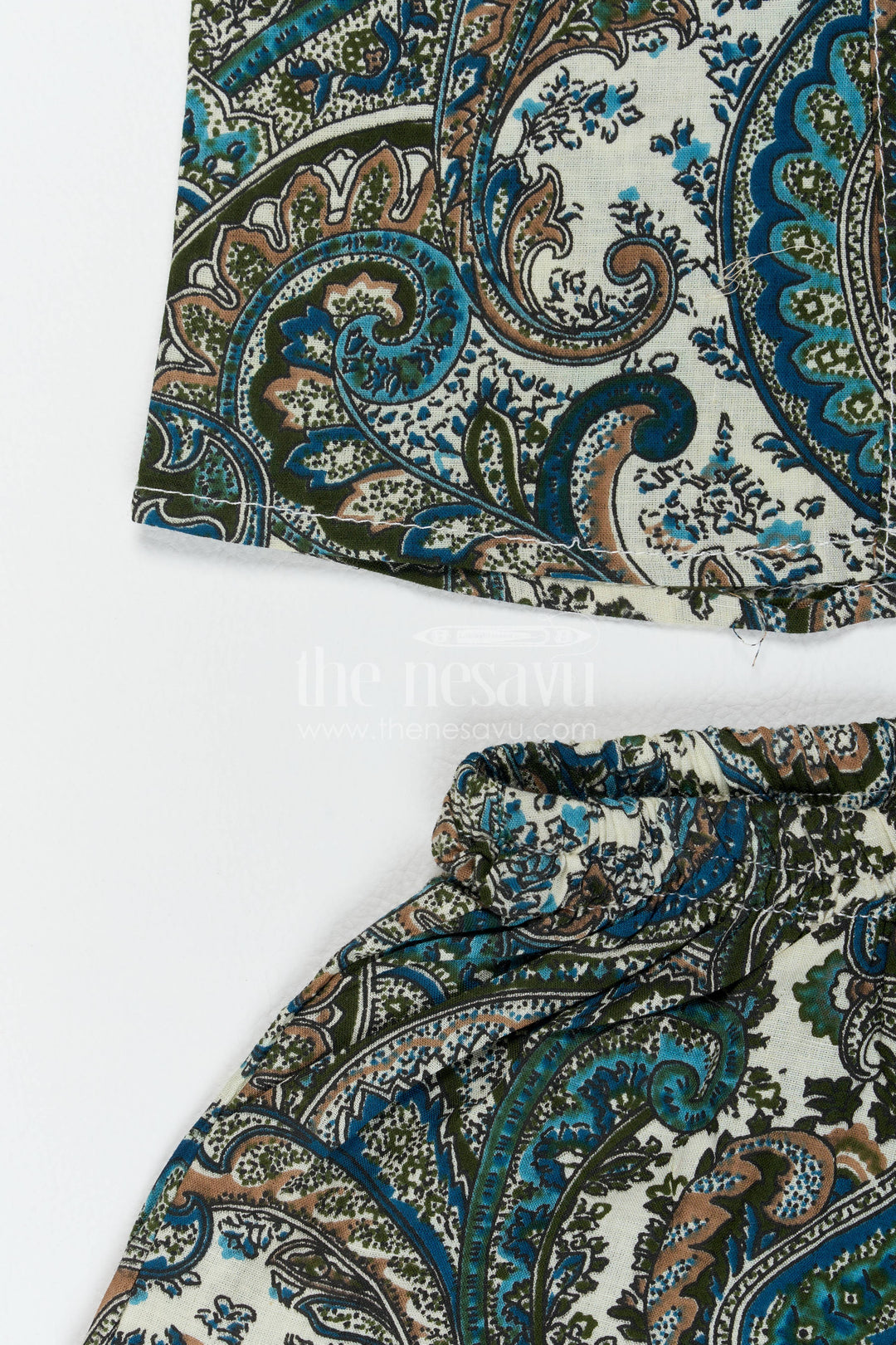 Boys Cotton Shirt and Shorts Set with Paisley Print in Green
