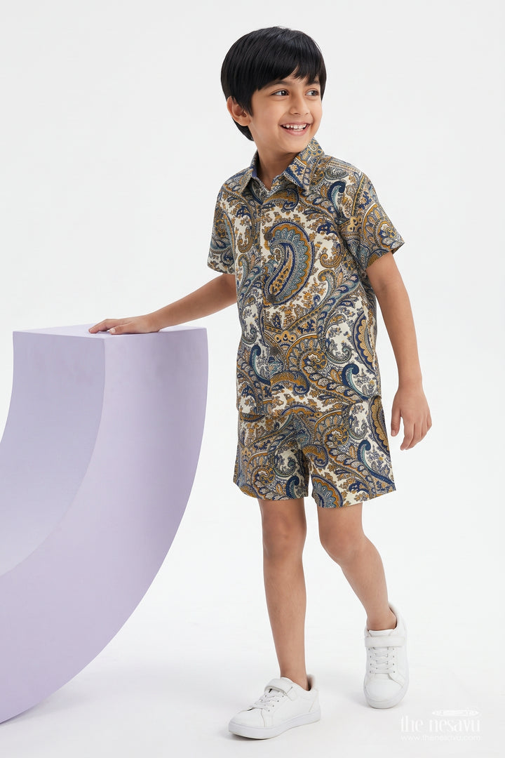Boys Cotton Shirt and Shorts Set with Paisley Print in Yellow