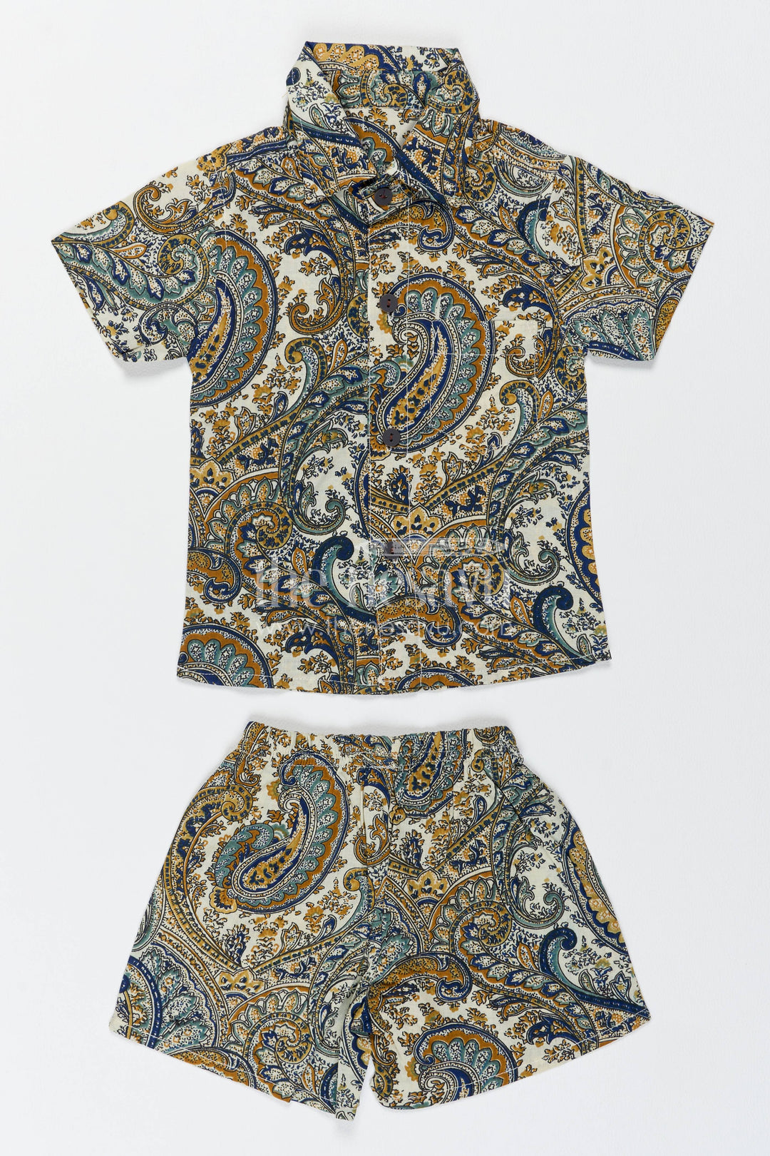 Boys Cotton Shirt and Shorts Set with Paisley Print in Yellow
