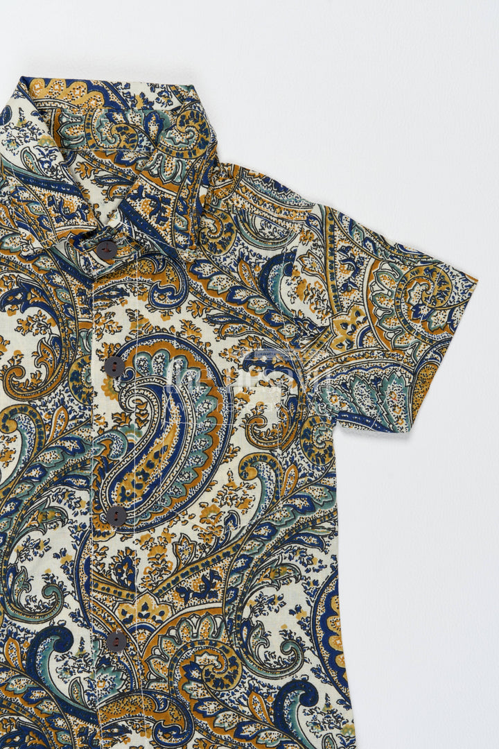 Boys Cotton Shirt and Shorts Set with Paisley Print in Yellow
