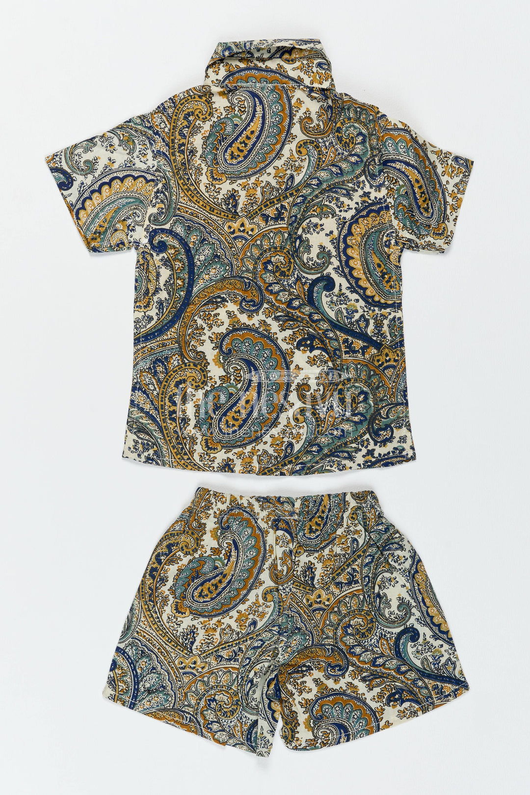 Boys Cotton Shirt and Shorts Set with Paisley Print in Yellow