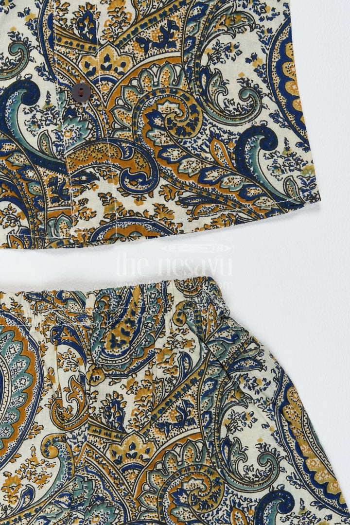 Boys Cotton Shirt and Shorts Set with Paisley Print in Yellow