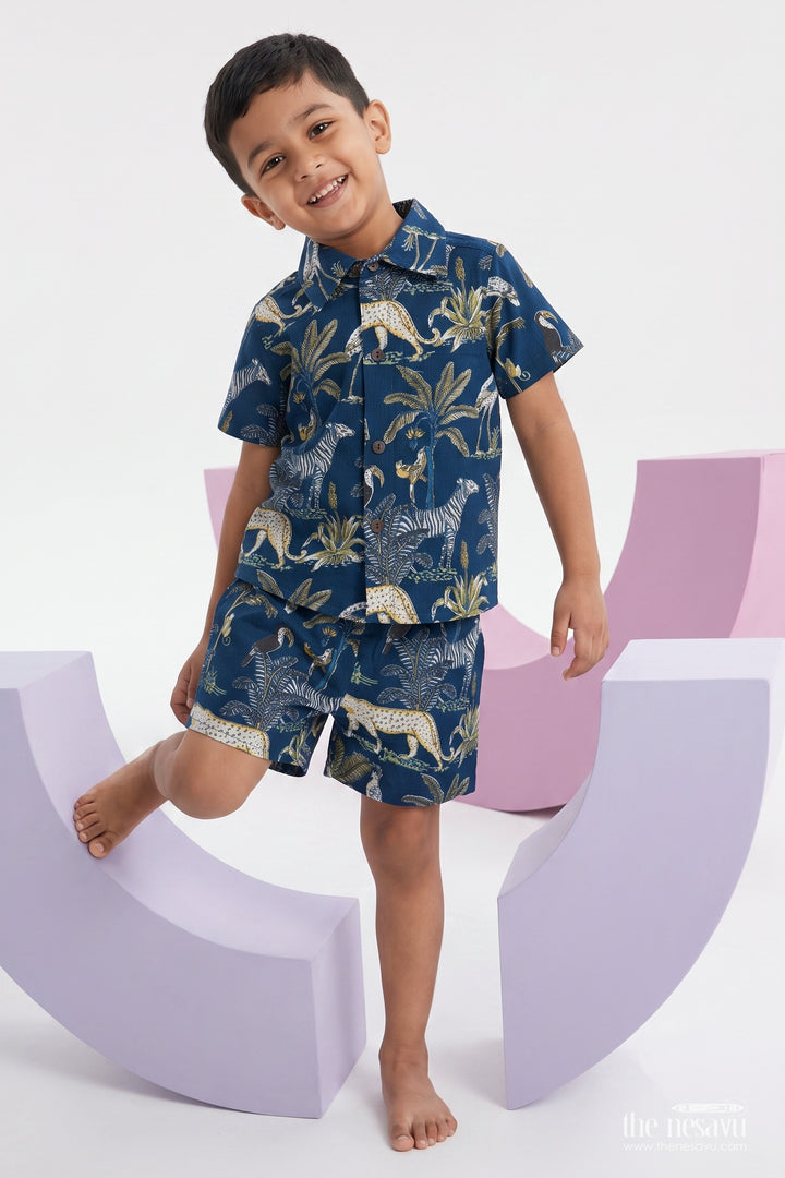 Boys Cotton Shirt and Shorts Set with Safari Print in Blue