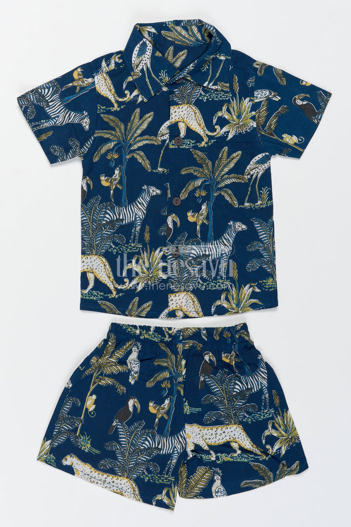 Boys Cotton Shirt and Shorts Set with Safari Print in Blue