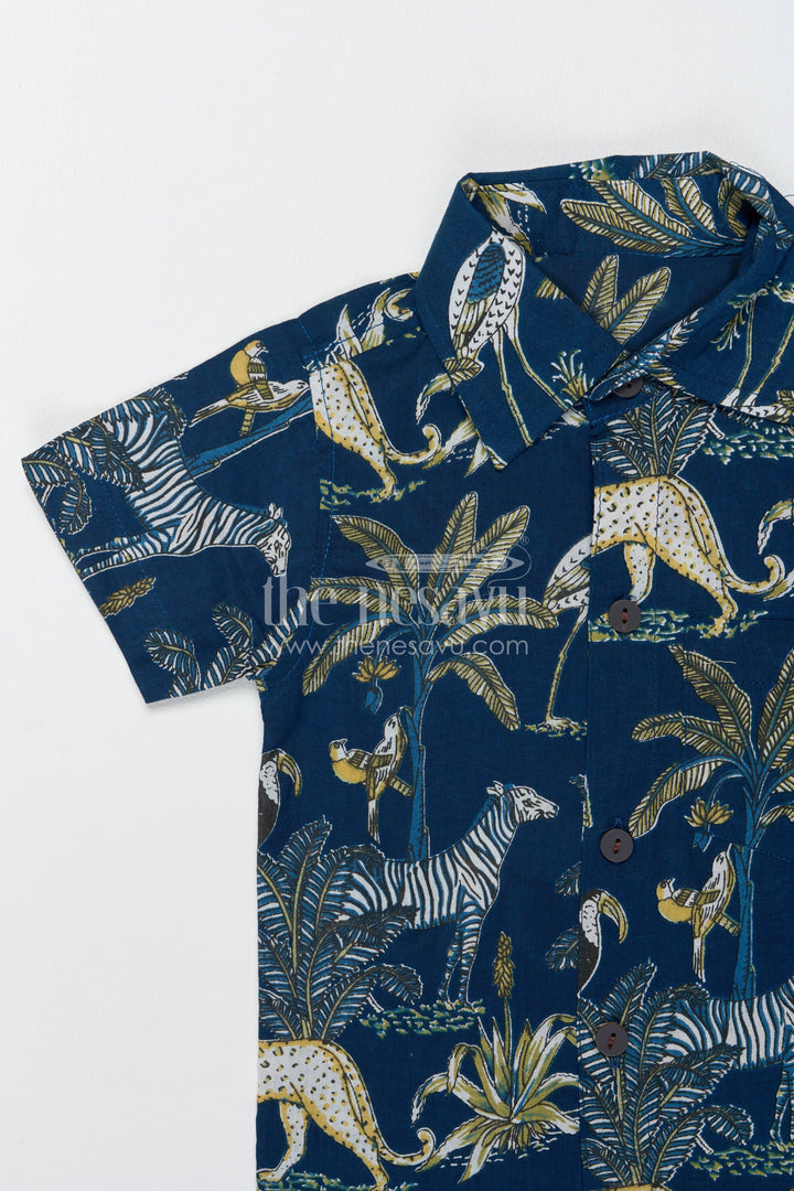 Boys Cotton Shirt and Shorts Set with Safari Print in Blue