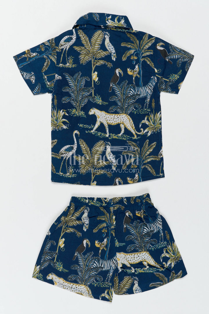 Boys Cotton Shirt and Shorts Set with Safari Print in Blue
