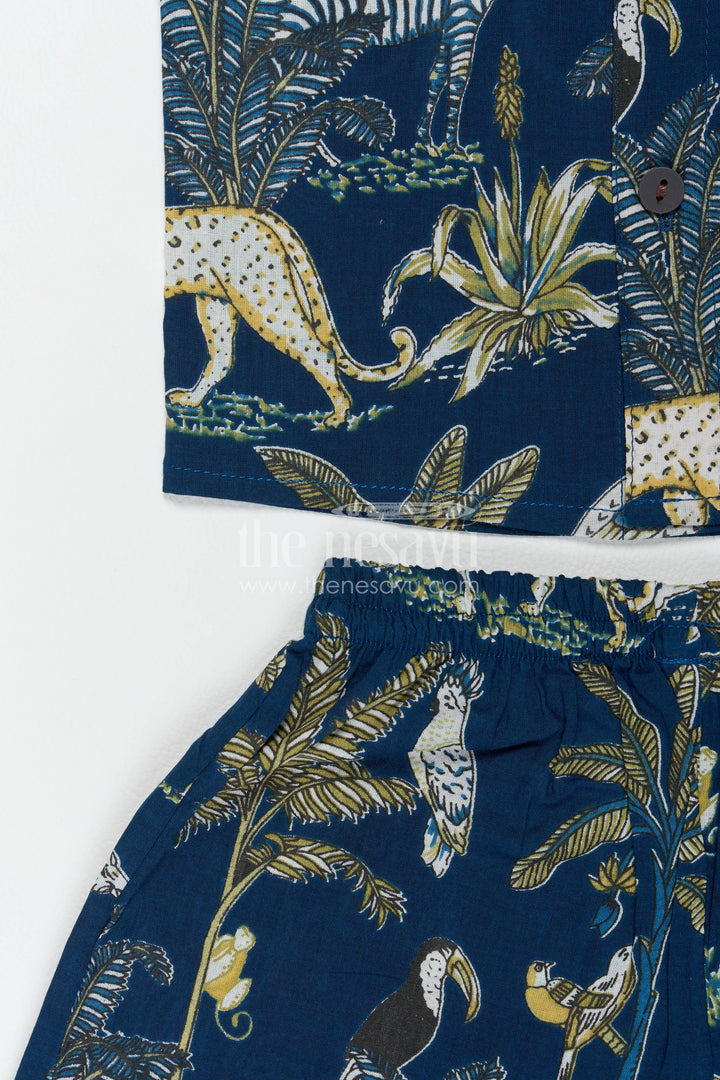 Boys Cotton Shirt and Shorts Set with Safari Print in Blue