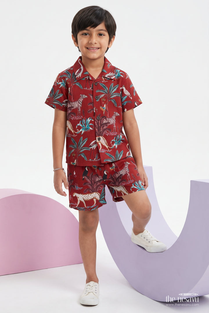 Boys Cotton Shirt and Shorts Set for Kids with Safari Print in Red