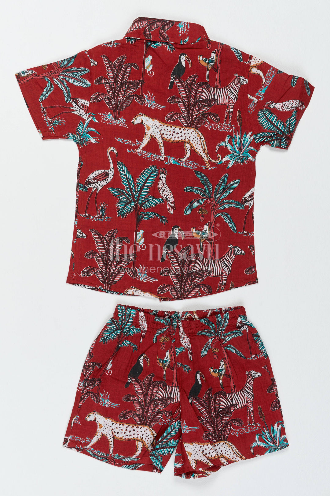 Boys Cotton Shirt and Shorts Set for Kids with Safari Print in Red