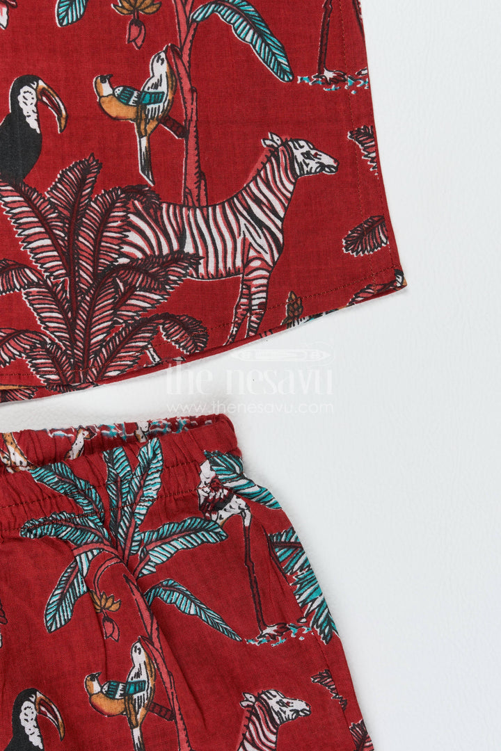 Boys Cotton Shirt and Shorts Set for Kids with Safari Print in Red