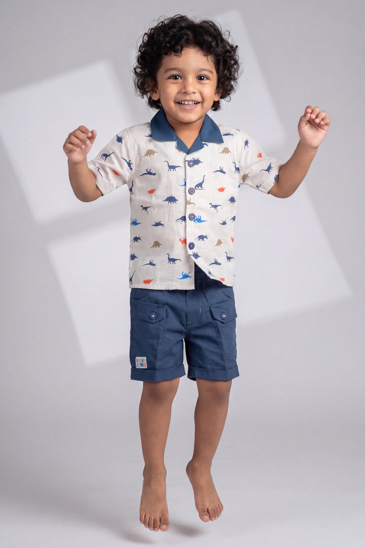 Boys Cotton Shirt and Shorts Set for Kids with Dinosaur Print in Blue