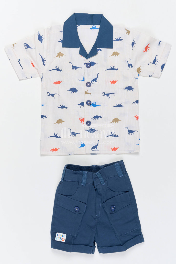 Boys Cotton Shirt and Shorts Set for Kids with Dinosaur Print in Blue