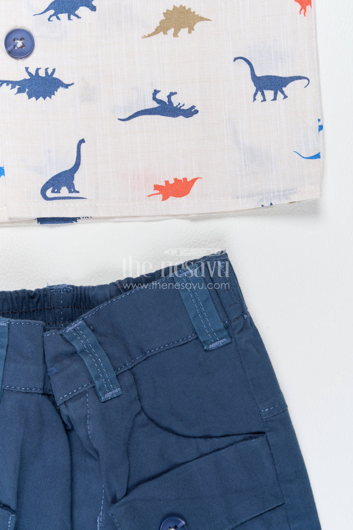 Boys Cotton Shirt and Shorts Set for Kids with Dinosaur Print in Blue