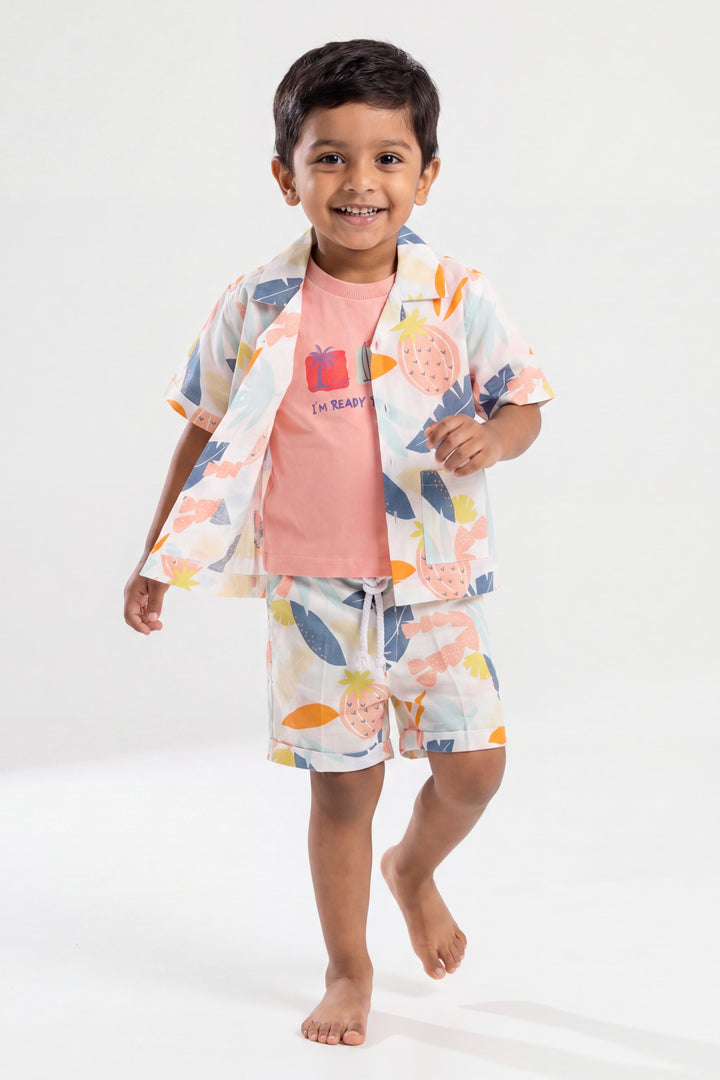 Boys Cotton Shirt and Shorts Set with Designer Detailing in Peach