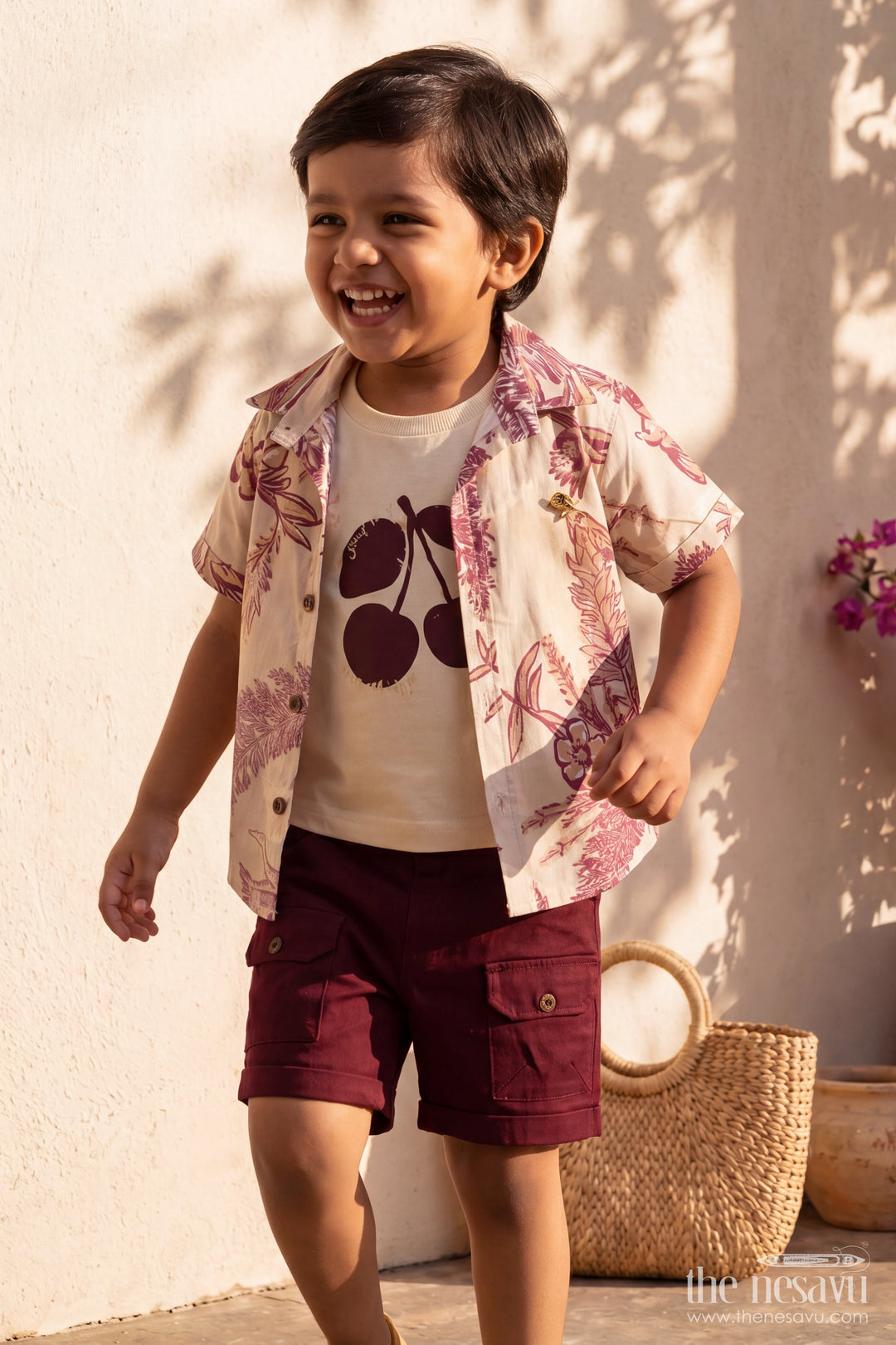 Boys Cotton Shirt and Shorts Set with Designer Detailing in Maroon