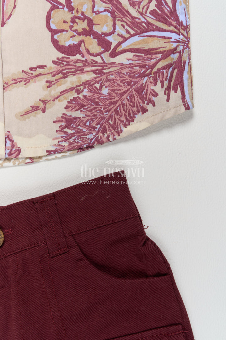 Boys Cotton Shirt and Shorts Set with Designer Detailing in Maroon
