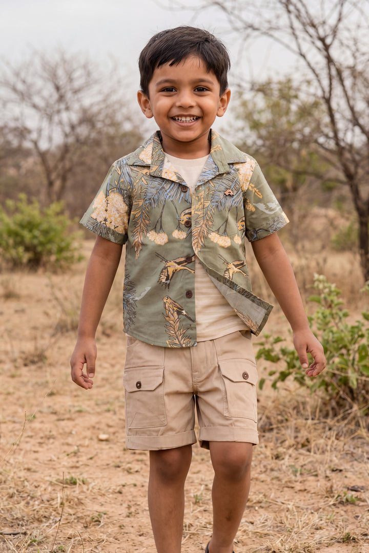 Boys Cotton Shirt and Shorts Set with Designer Detailing in Green