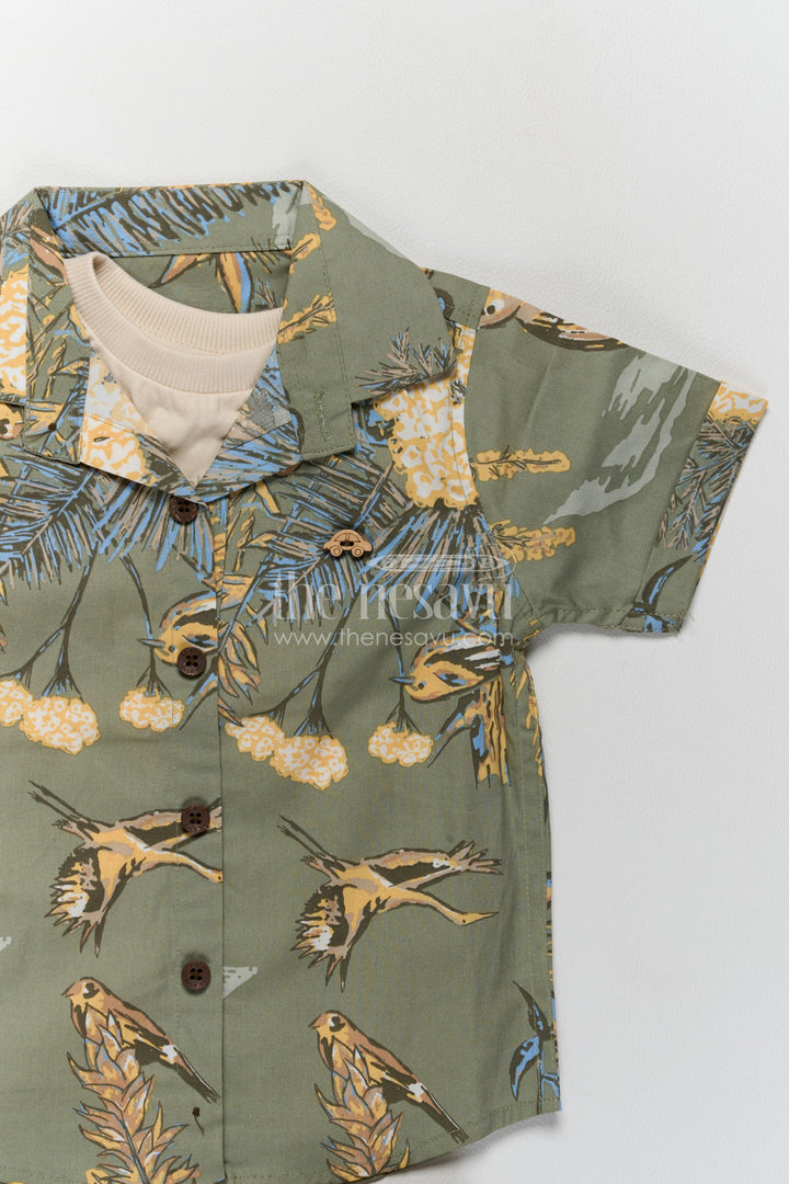 Boys Cotton Shirt and Shorts Set with Designer Detailing in Green