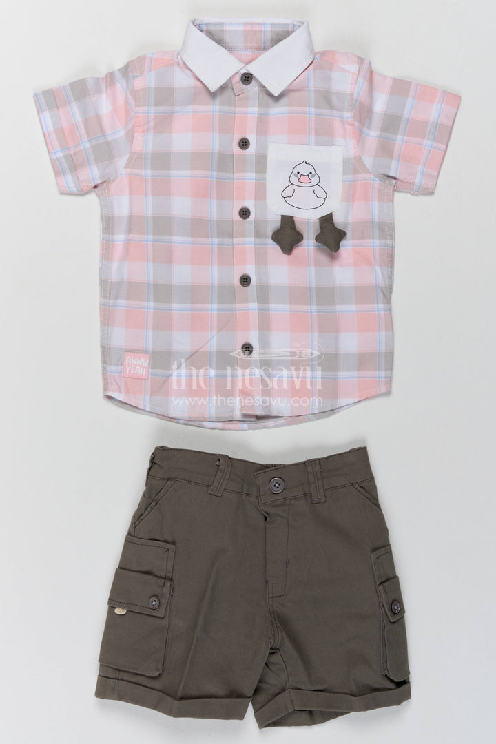 Boys Cotton Shirt and Shorts Set with Pink Plaid Detailing for Celebrations
