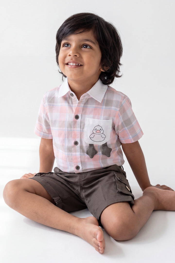 Boys Cotton Shirt and Shorts Set with Pink Plaid Detailing for Celebrations